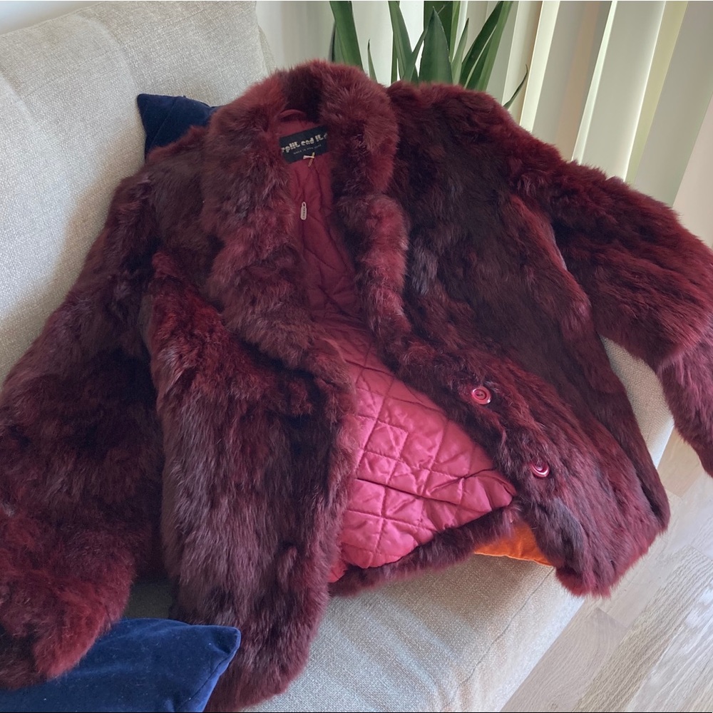 Vintage REAL RABBIT FUR Coat Jacket Maroon Red - Picture 2 of 13
